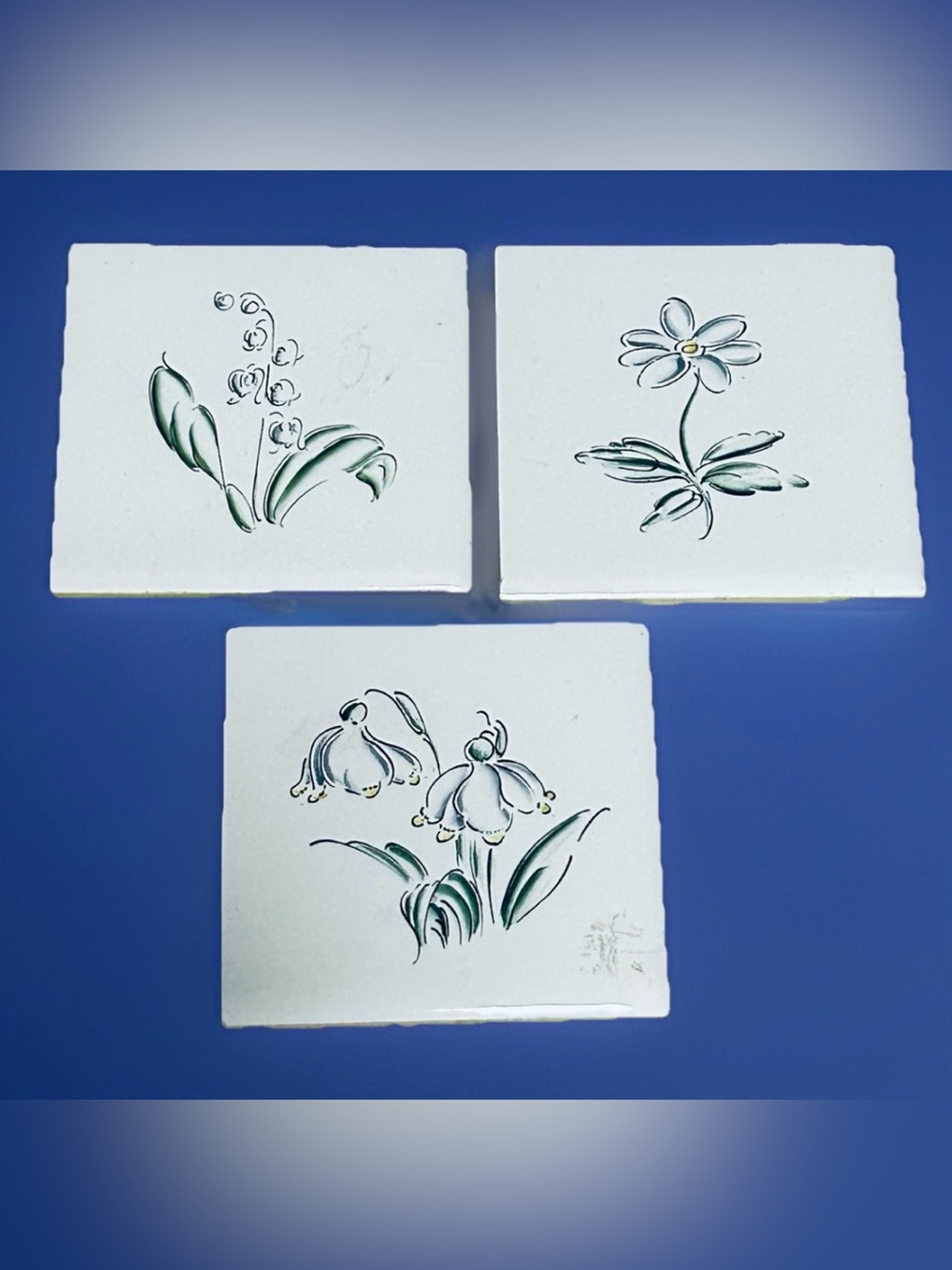 Vtg Lwonsche Weimar ceramic botanical tiles hand-painted designs 3x3” Qty Of 3